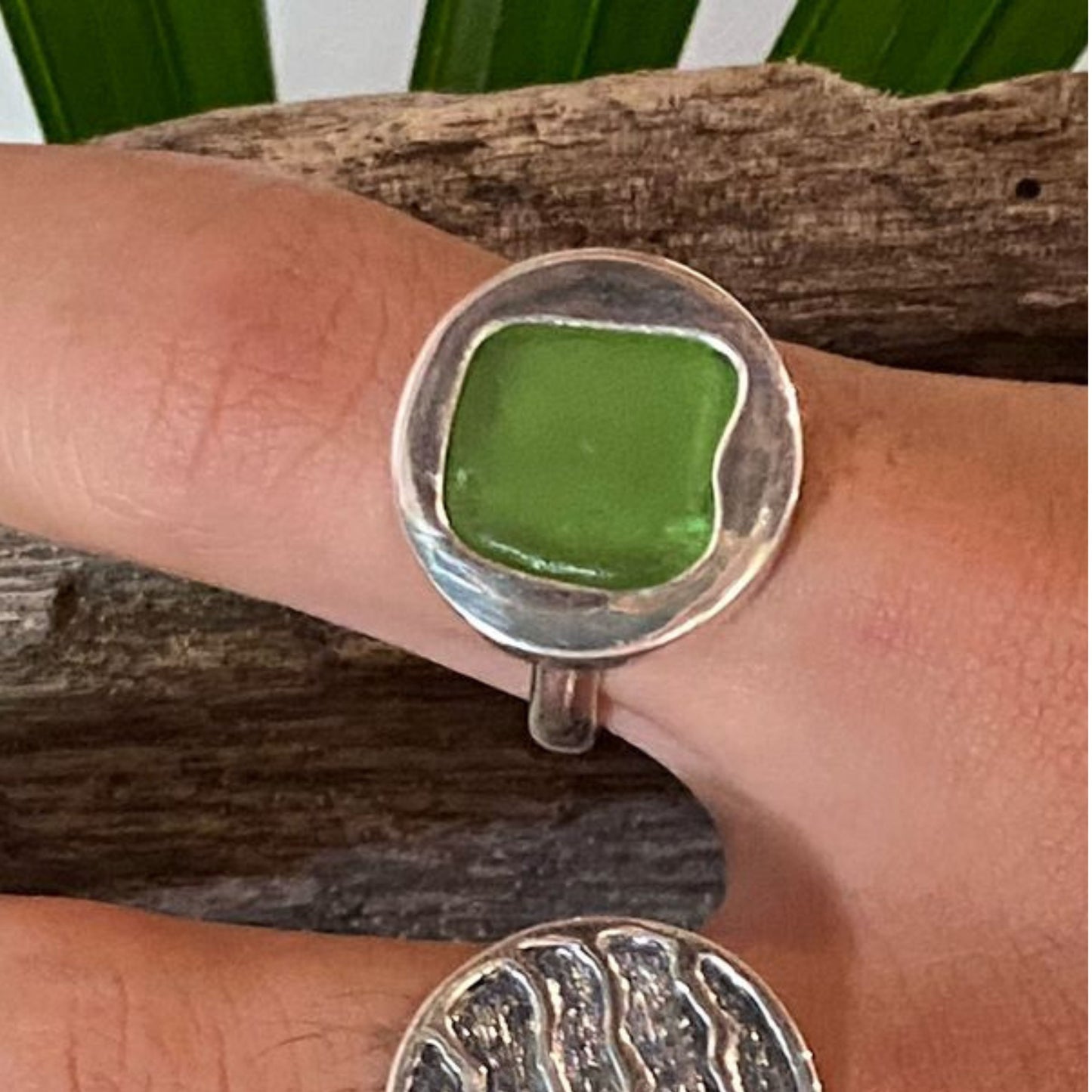 Green seaglass & sterling silver ring
