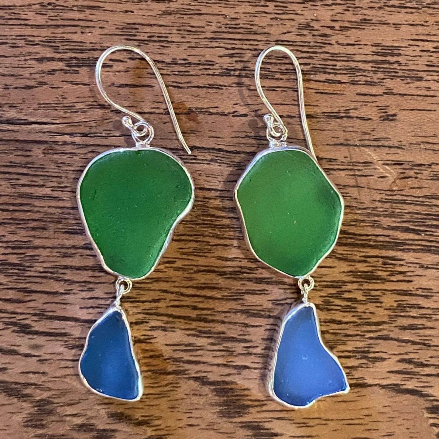Blue & Green seaglass & sterling silver drop earrings