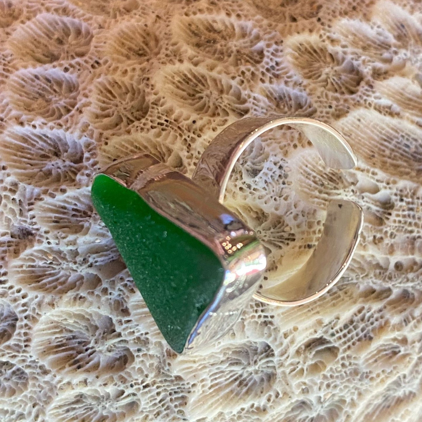 Bottle green seaglass & sterling silver ring #3