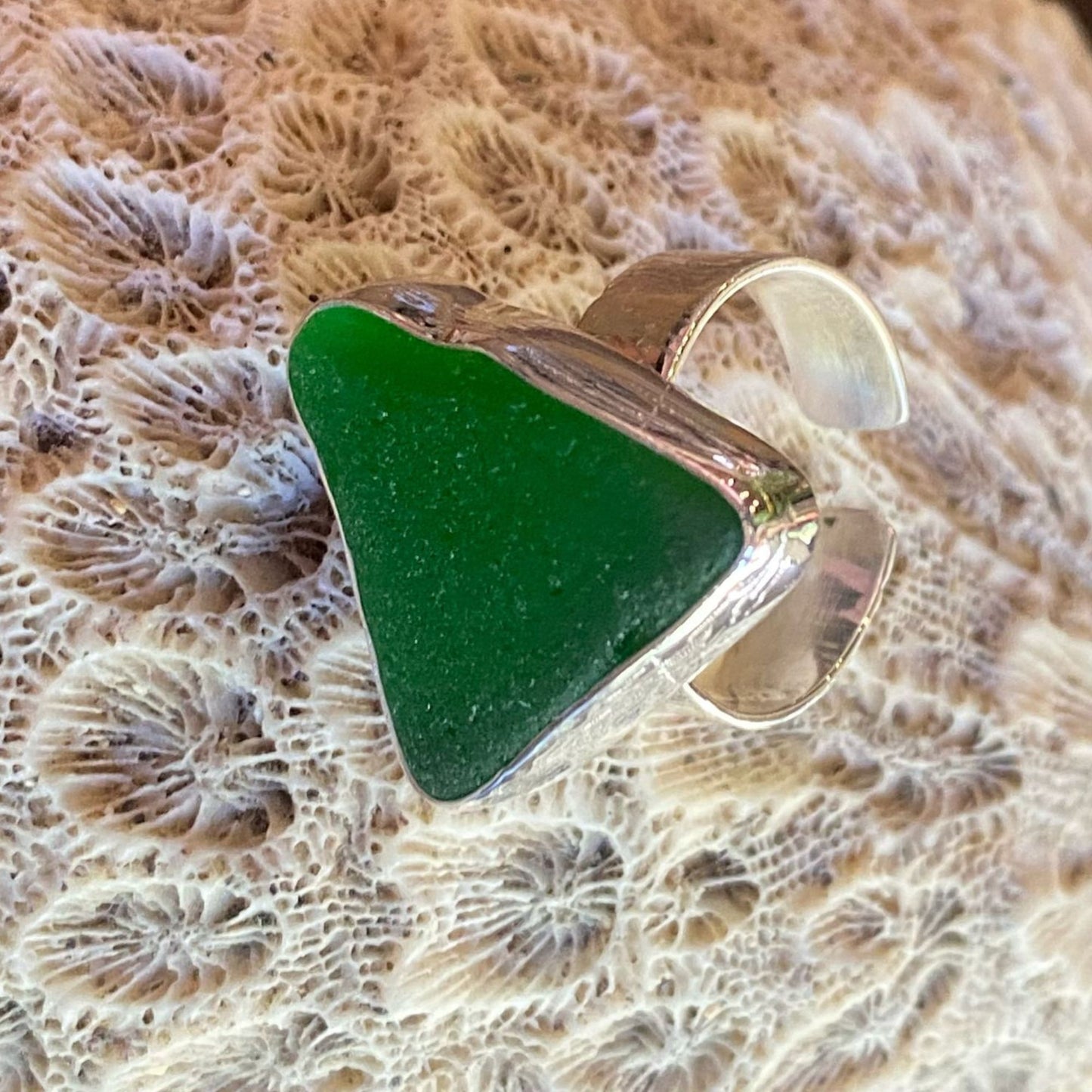 Bottle green seaglass & sterling silver ring #3