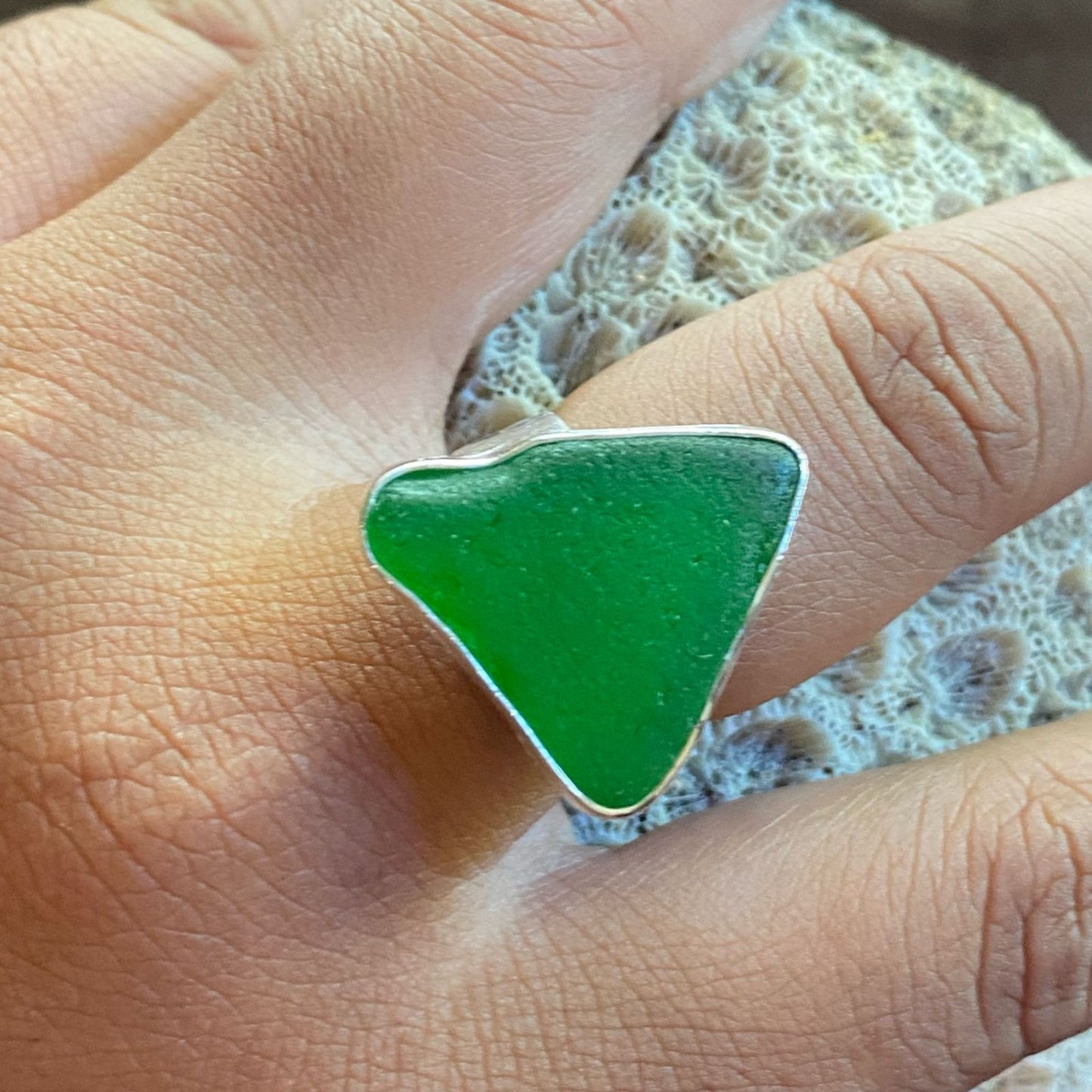 Bottle green seaglass & sterling silver ring #3