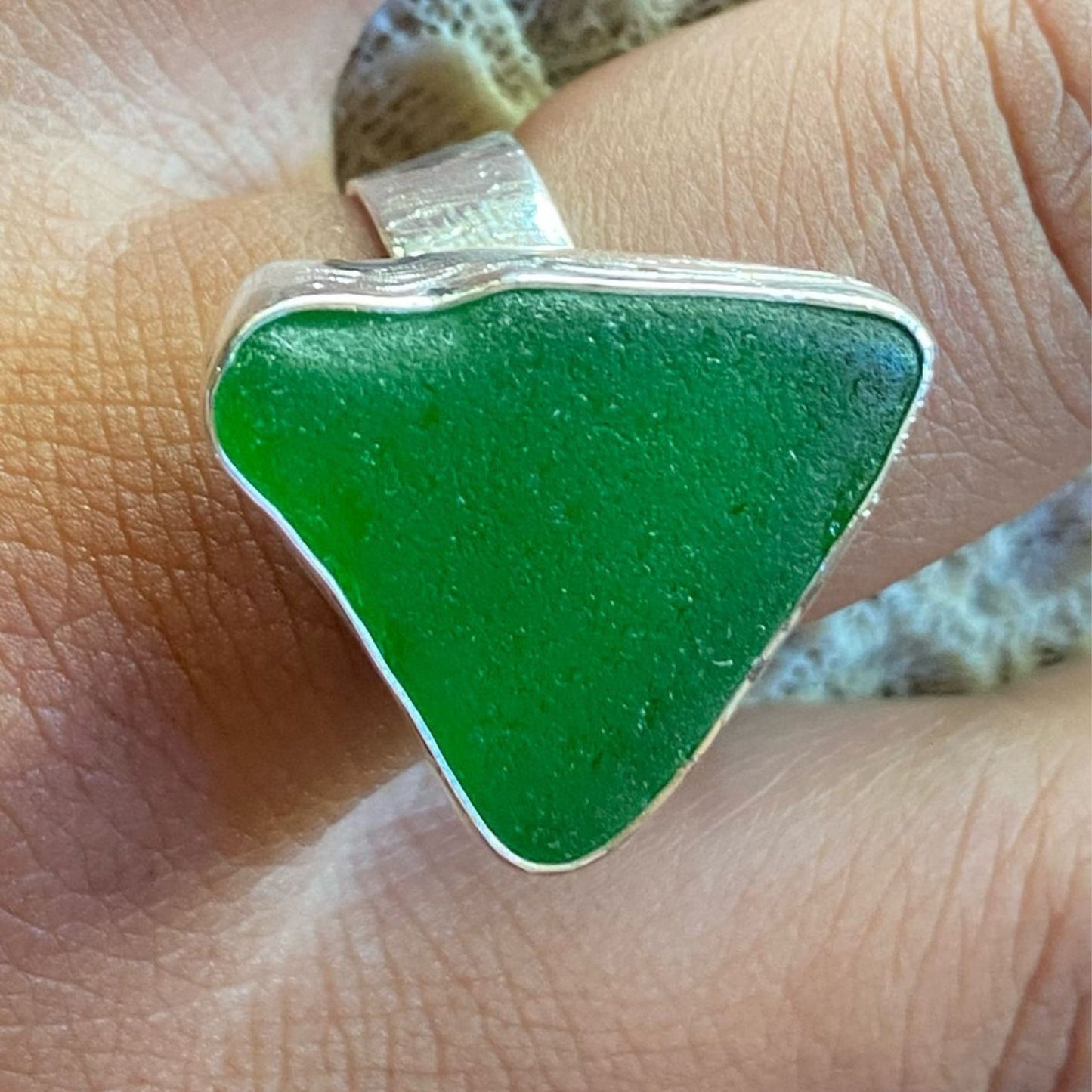 Bottle green seaglass & sterling silver ring #3