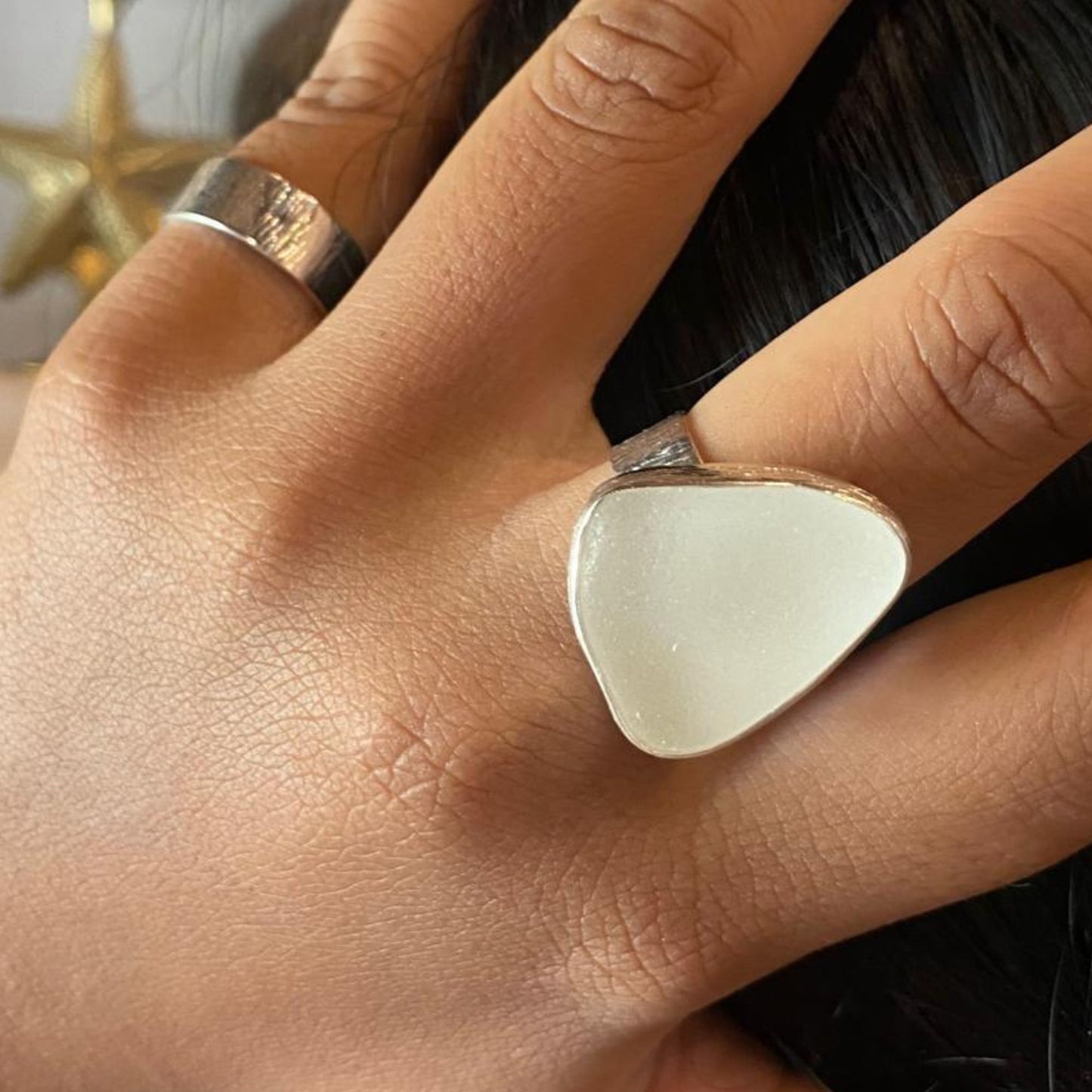 White seaglass & sterling silver ring #3