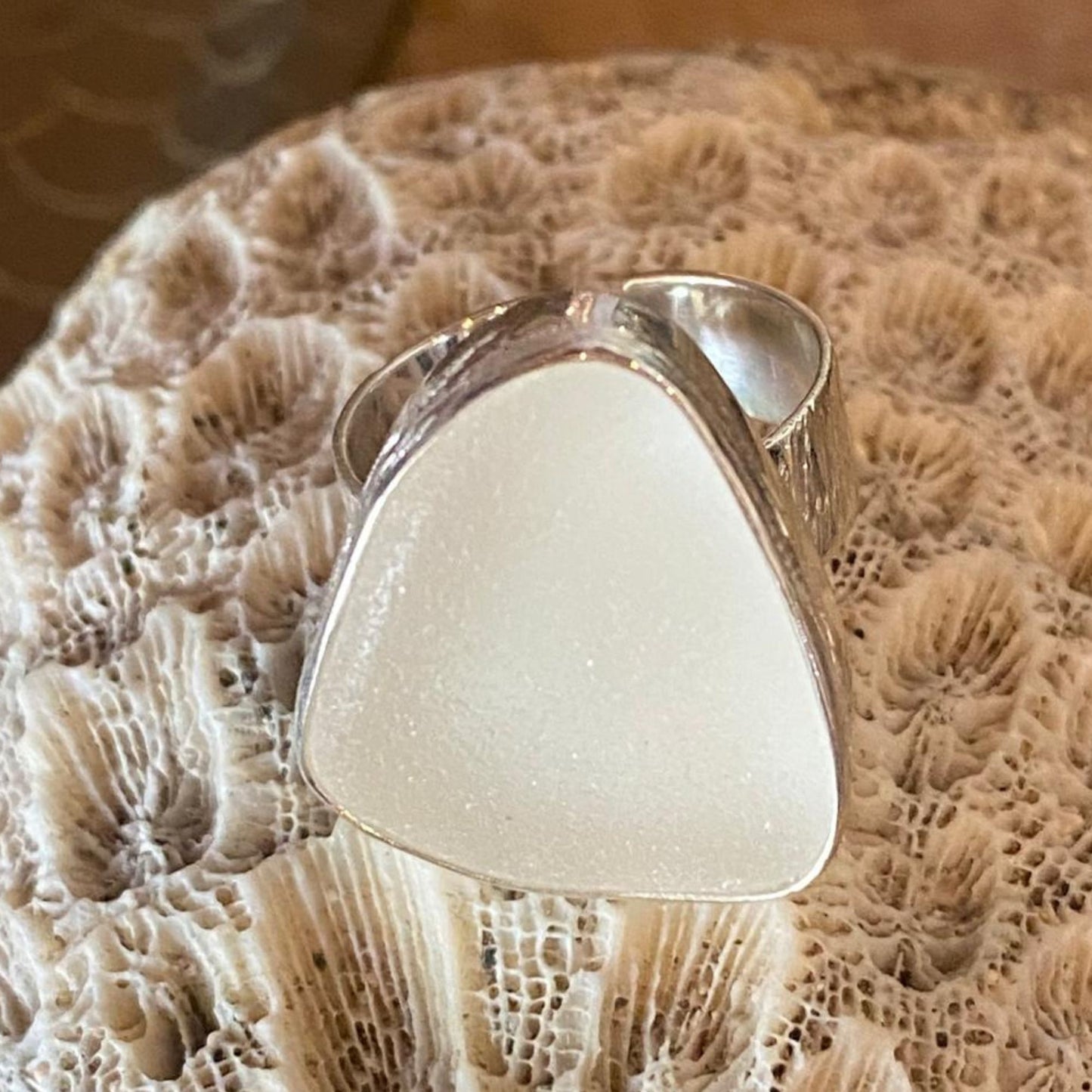 White seaglass & sterling silver ring #3