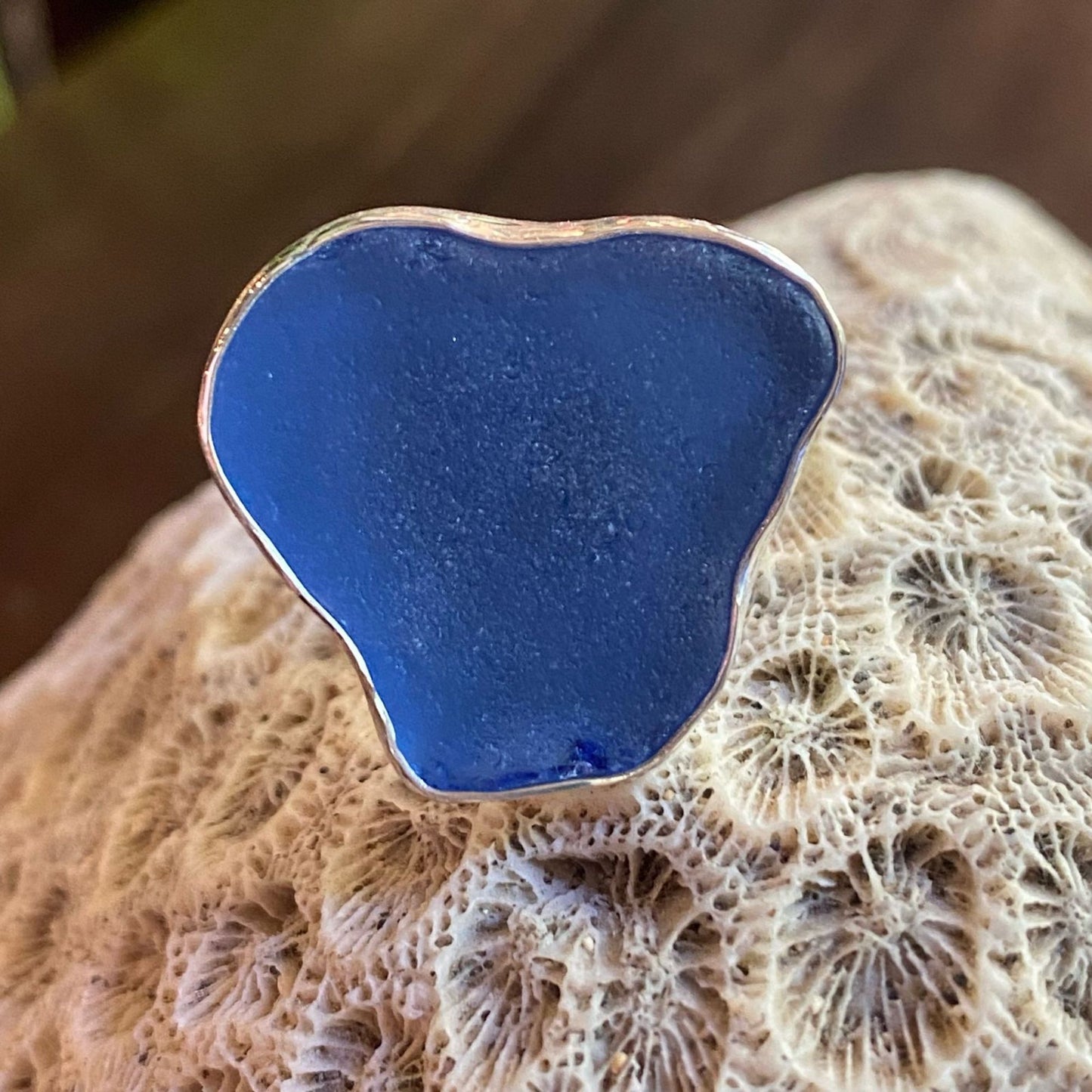 Deep ocean blue seaglass & sterling silver chunky ring