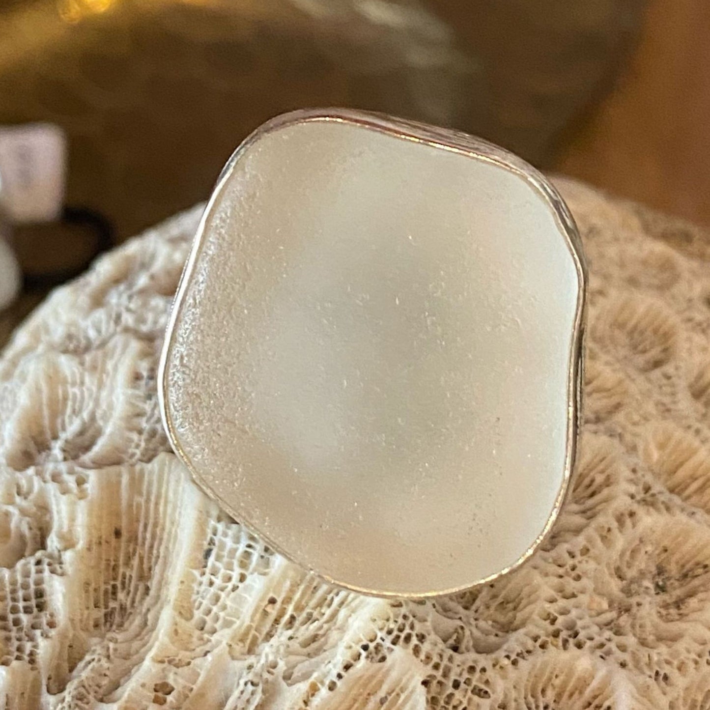 White seaglass & sterling silver ring #2