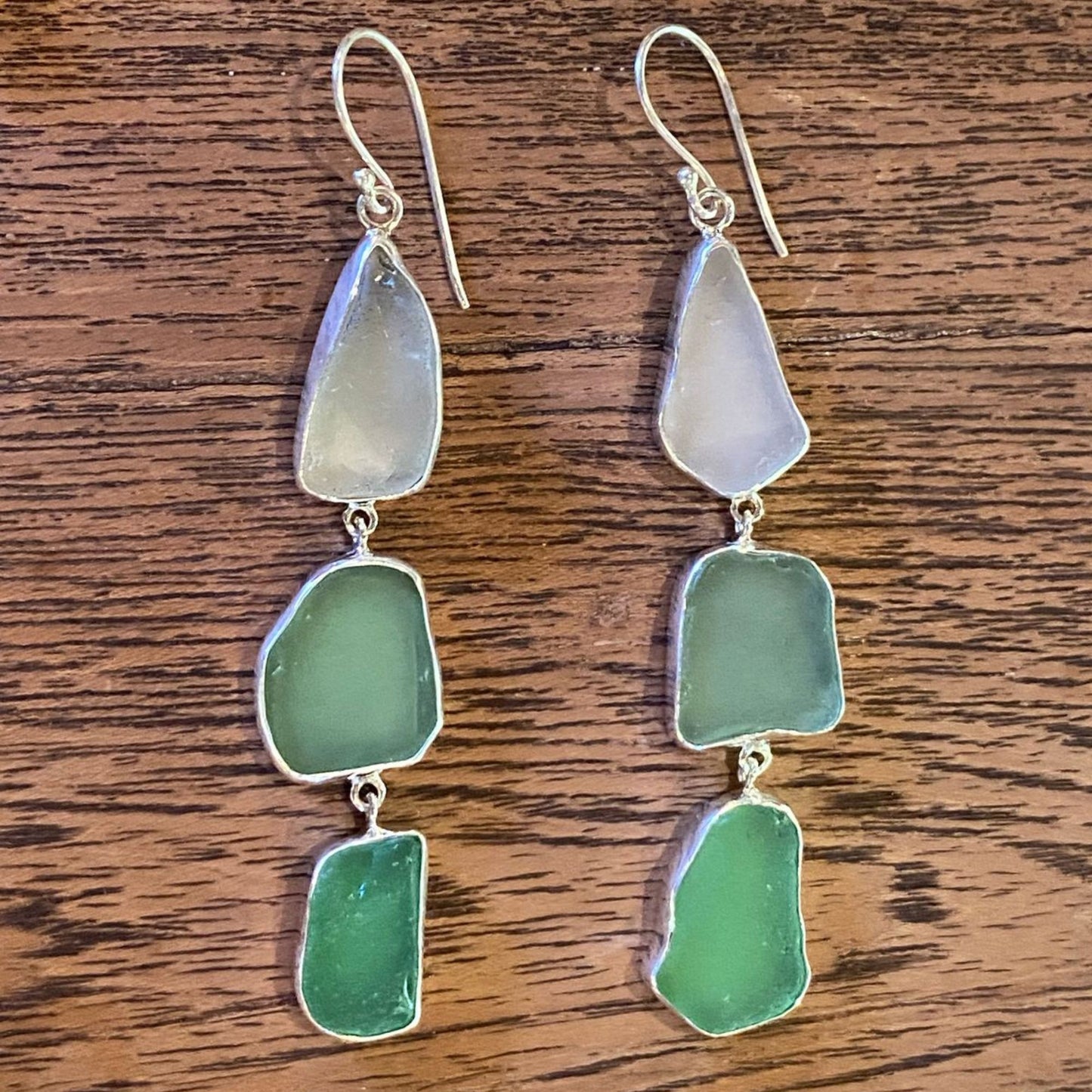 Greens seaglass & sterling silver drop earrings