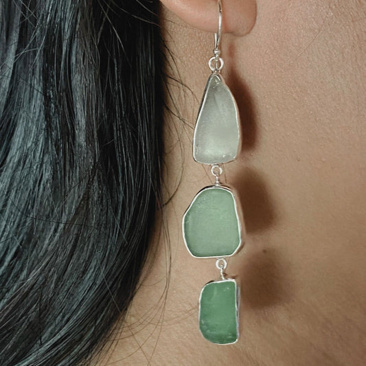 Greens seaglass & sterling silver drop earrings