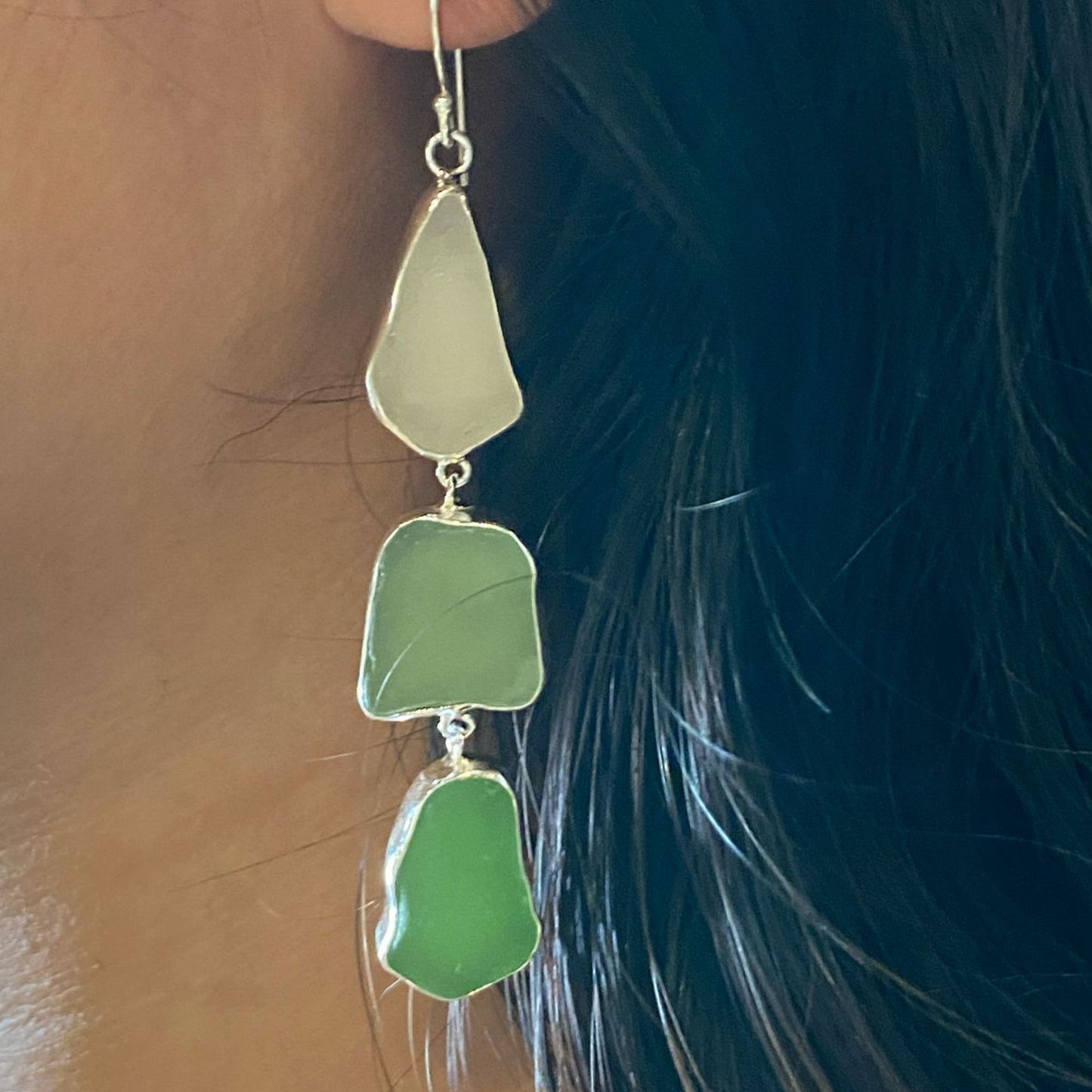 Greens seaglass & sterling silver drop earrings